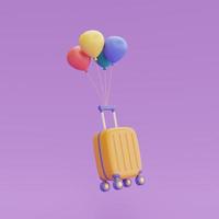 koffer mit bunten luftballons schweben isoliert auf lila hintergrund, tourismus- und reiseverkaufskonzept, urlaub, zeit zum reisen, 3d-rendering foto