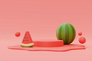 3D-Darstellung der Wassermelone isoliert mit Podiumsanzeige auf rotem Hintergrund, Sommerferienkonzept, Sommerelemente, minimaler Stil. 3D-Darstellung. foto