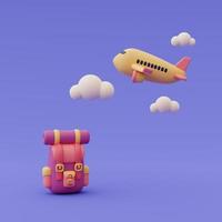 3D-Darstellung von Rucksack mit Flugzeug, Online-Reise- und Tourismusplanungskonzept, Urlaubsurlaub, bereit für die Reise. foto