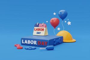 happy labor day usa konzept, podiumsanzeige mit bauwerkzeugen und ballon auf blauem hintergrund, 3d-rendering foto