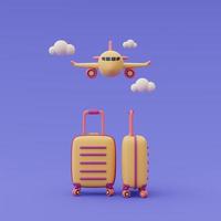 3D-Darstellung von Koffern mit Flugzeug, Online-Reise- und Tourismusplanungskonzept, Urlaubsurlaub, reisefertig. foto