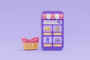 Online-Shopping-Shop auf dem Smartphone mit Warenkorb auf violettem Hintergrund, 3D-Rendering. foto