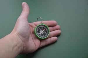 Handkompass für Reisen auf dem Hintergrund von Objekten foto