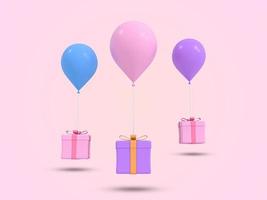 Geschenk fliegen mit Gasballon 3D-Symbol. Geschenk gerenderte 3D-Illustration. geburtstag, jahrestag, weihnachten, valentinstag festival präsentation geschenkbox mit ballon. 3D-Darstellung. foto