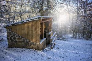 Holz- und Steinhütte im verschneiten Wald bei Sonnenaufgang bei Sonnenaufgang foto