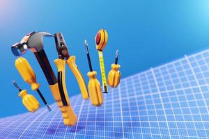3D-Darstellung eines Metallhammers mit gelbem Griff, Schraubendreher, Zangen, Handwerkzeugen foto