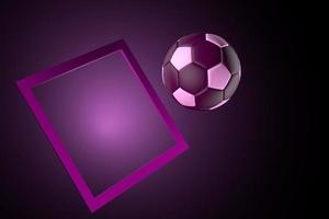 3D-Fußball, der in das Ziel fliegt und im leeren, dunklen Raum vor violettem Hintergrund schwebt foto