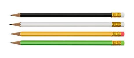 weiße, gelbe, grüne und schwarze Bleistifte, die auf weißem Hintergrund isoliert sind, verspotten 3D-Illustration foto