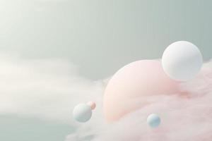 3D-Darstellung von Pastellkugeln, Seifenblasen, Blobs, die mit flauschigen Wolken und Ozean in der Luft schweben. Romantik Land der Traumszene. natürlicher abstrakter verträumter himmel. foto