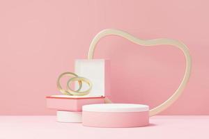 3D-Rendering minimale süße Szene mit Display-Podium für Mock-up und Produktmarkenpräsentation. Pinker Sockel zum Thema Valentinstag. süßer reizender Herzhintergrund. Designstil des Liebestages. foto