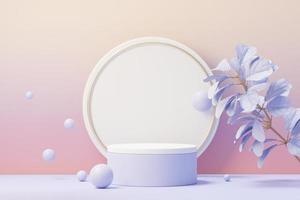 3D-Darstellung des Beauty-Podiums mit sehr Peri-Farbe des Jahres 2022 Design für Produktpräsentation und Werbung. Minimaler Pastellhimmel und verträumte Landszene. Romantik-Konzept. foto