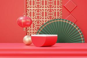 3D-Rendering einer minimalen Szene eines leeren Podiums mit chinesischem Neujahrsthema. ausstellungsstand für die produktpräsentation. chinesische traditionelle textur.
