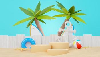 3D-Render-Podiumsständer für den Sommerverkauf, um das Produkt zu zeigen. strandurlaubsszene im sommer zum modellieren. foto