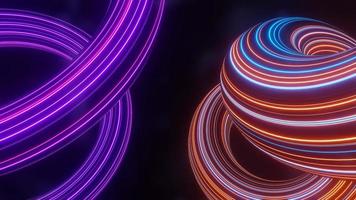 3D-Darstellung von Flash-Neon und Licht, die auf einer dunklen Szene leuchten. Geschwindigkeitslichttunnel durch die Stadt oder urban. Technologie Internet des zukünftigen Netzwerks. Science-Fiction über interstellare Reisen im Hyperraum. foto