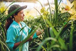 asiatische Frau Reisen entspannen Orchidee Bildung schreiben Notizen im Orchideengarten, Hintergrund Orchidee. foto