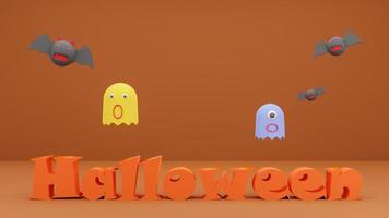 fröhliches halloween, konzept halloween-logo 3d mit fledermauskarikatur und geisterkarikatur auf orangefarbenem hintergrund. 3D-Rendering foto