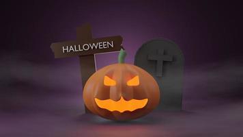 Happy Halloween Party Poster Banner Kürbisgeist und Kruzifix, Grab mit Nebel. 3D-Rendering