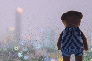Teddybär, der bei Regen aus dem Glasfenster schaut foto
