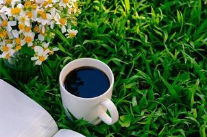 Freizeit am Morgen im Garten mit Kaffee, Buch und Blumen auf dem Rasen. foto