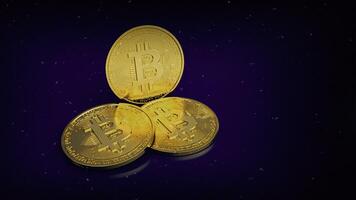 Bitcoin digitale Währung. kryptowährung btc das neue virtuelle geld nahaufnahme 3d-rendering von goldenen bitcoins auf violettem hintergrund foto