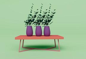 3D-Darstellung von Couchtisch und Blumentopf isoliert auf pastellfarbenem Hintergrund, 3D-Hintergrund minimale Szene