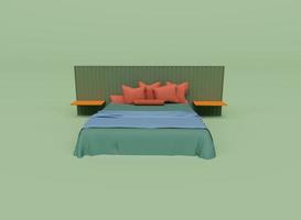 3D-Darstellung des Bettes mit Kissen isoliert auf pastellfarbenem Hintergrund, 3D-Hintergrund minimale Szene
