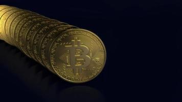 Bitcoin digitale Währung. kryptowährung btc das neue virtuelle geld nahaufnahme 3d-rendering von goldenen bitcoins auf schwarzem hintergrund foto