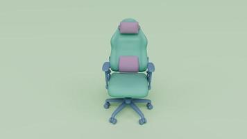 3D-Darstellung der Vorderansicht eines professionellen modernen Gaming-Stuhls für Gamer, Schreibtischsessel, isoliert auf Pastellfarben, minimale Szene foto