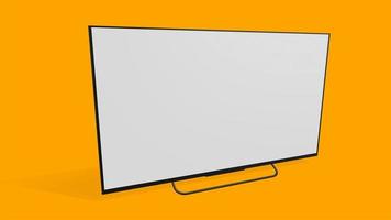 Breiter Fernsehbildschirm mit perspektivischer Seitenansicht, isoliert auf gelbem Hintergrund foto