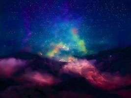 Milchstraße und rosa Licht in den Bergen. nacht bunte landschaft. Sternenhimmel mit Hügeln. schönes Universum. Weltraumhintergrund mit Galaxie. Reisehintergrund foto