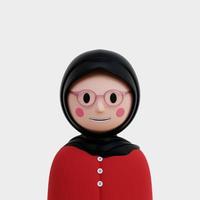 3D-Illustration Mädchenprofilcharakter mit roter Kleidung und schwarzem Hijab und Brille foto
