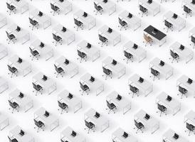 Draufsicht auf die symmetrischen Unternehmensarbeitsplätze auf weißem Boden foto
