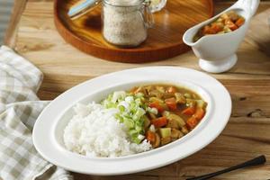 japanischer curryreis mit fleisch, karotte und kartoffel. Nahaufnahme auf weißem Teller auf Holztisch. foto