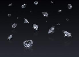 fallende 3D-Diamanten auf schwarzem Hintergrund. 3D-Rendering foto