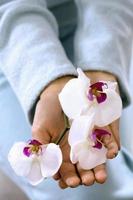 Frau hält Orchideen, erhöhte Ansicht
