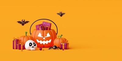 3D-Illustration von Happy Halloween Day Banner mit Geschenkbox in Jack o Lantern Kürbissen, Schädel, Fledermaus und Spinne