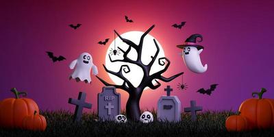 süßer geist auf dem friedhof in einer vollmondnacht, glücklicher halloween-tag 3d-illustration foto