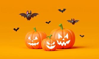 glücklicher halloween-tag mit halloween-kürbissen und niedlicher fledermaus, 3d-illustration foto