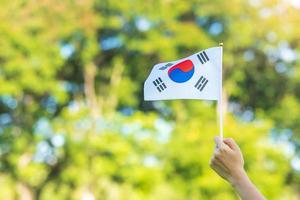 Hand, die Korea-Flagge auf Naturhintergrund hält. nationale stiftung, gaecheonjeol, öffentlicher nationalfeiertag, nationaler befreiungstag koreas und fröhliche feierkonzepte foto