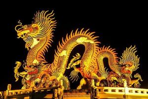 Die goldene Statue im chinesischen Stil eines prächtigen goldenen Königsdrachen mit nachts beleuchtetem Licht.