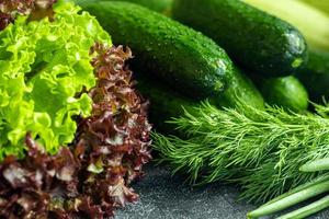 frisches gemüse für salat. Tomaten und Salat, Gurken mit Zucchini und Kohl mit Dill. Frühjahrsernte, Vorteile und Vitamine. auf dunklem Hintergrund. foto