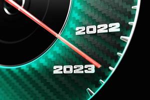 3D-Darstellung Nahaufnahme schwarzer Tachometer mit Cutoffs 2022,2023 und Kalendermonaten. das konzept des neuen jahres und weihnachtens im automobilbereich. Monate zählen, Zeit bis zum neuen Jahr foto