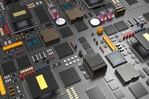 Leiterplatte mit Mikrochips, Prozessoren und anderen Computerteilen. 3D-Rendering zum Thema Technologie und große Rechenleistung foto