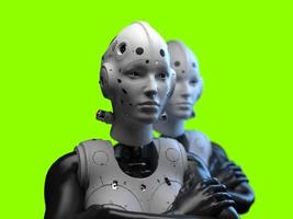 Porträt von drei Robotern aus nächster Nähe. isolierte 3D-Darstellung zur Verwendung mit dunklem Hintergrund foto