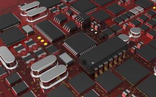 Prozessorchip auf einer Leiterplatte mit roter Hintergrundbeleuchtung. 3D-Darstellung zum Thema Technologie und die Kraft der künstlichen Intelligenz. foto