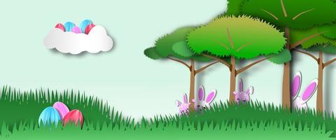ostereier auf wolke mit kaninchen schleichen sich im gras für fröhliche feiertage, vektoren oder illustrationen mit papierkunststil
