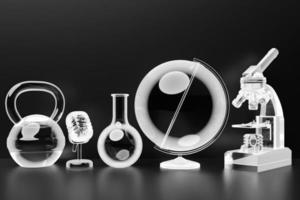 3D-Darstellung einer Reihe von Laborinstrumenten und einem Mikroskop. chemische laborforschung auf schwarzem hintergrund foto