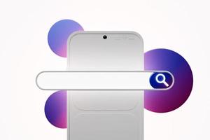 3D-Darstellung eines Mobiltelefons mit einer Suchleiste auf weißem Hintergrund. internetsuche mit smartphone. foto