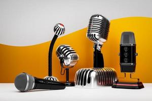 Eine Reihe von Mikrofonen in einem realistischen Hintergrund, 3D-Darstellung. live-show, musikaufnahme, unterhaltungskonzept. foto