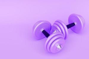 3D-Darstellung Lila Hantel aus Metall mit Scheiben auf violettem Hintergrund. Fitness- und Sportgeräte foto